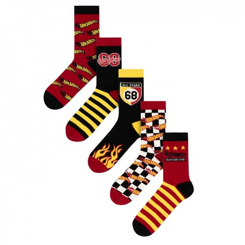 Front - Hot Wheels Mens Checkerboard Flame Calf-Length Socks (Pack of 5)