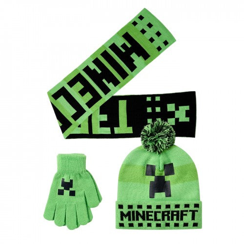 Front - Minecraft Boys Creeper Hat Gloves And Scarf Set (Pack of 3)