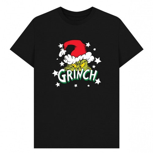 Front - The Grinch Unisex Adult Santa Hat Stars T-Shirt