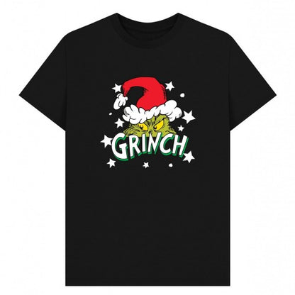 Front - The Grinch Unisex Adult Santa Hat Stars T-Shirt