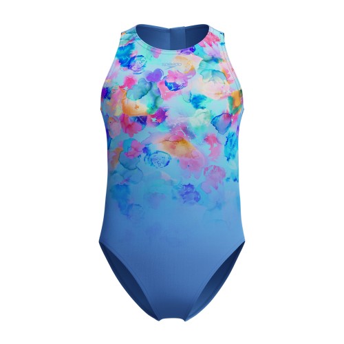 Front - Speedo Girls Hydrasuit Watercolour One Piece Swimsuit