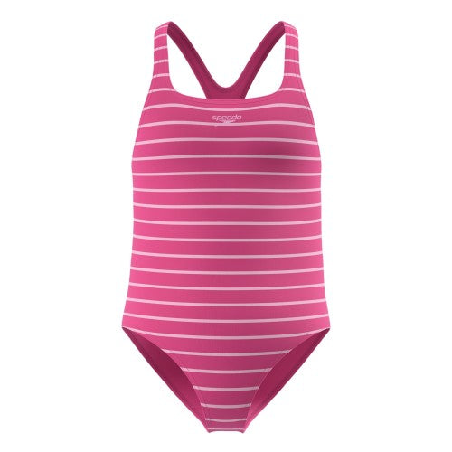 Front - Speedo Girls Medalist Striped One Piece Swimsuit