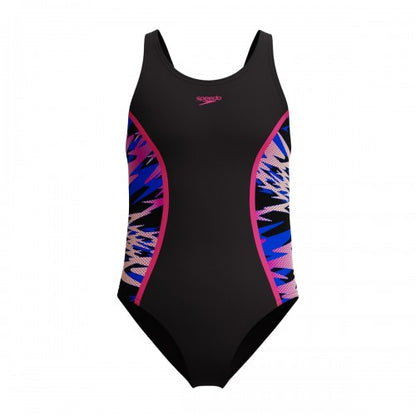 Front - Speedo Girls Hyperboom Splice Abstract Muscleback One Piece Swimsuit