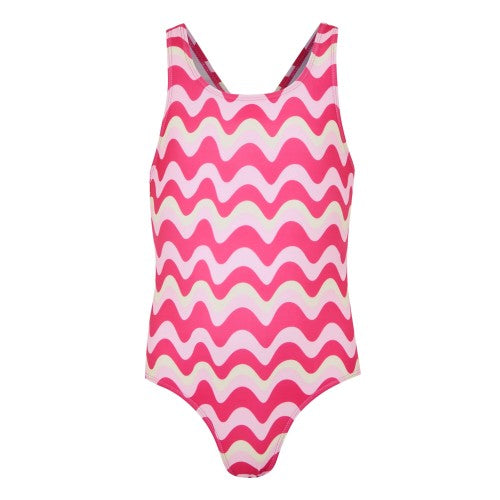 Front - Regatta Girls Katrisse Wavy Lines One Piece Swimsuit