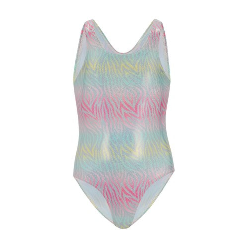 Front - Regatta Girls Katrisse Zebra Print Metallic One Piece Swimsuit