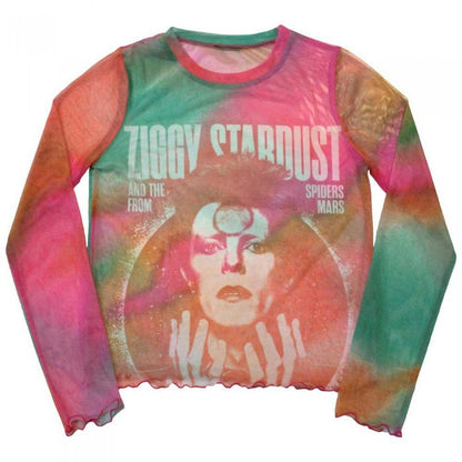 Front - David Bowie Womens/Ladies Ziggy v2 Mesh Long-Sleeved Crop Top
