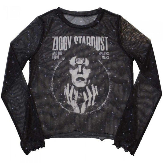 Front - David Bowie Womens/Ladies Ziggy V1 Mesh Long-Sleeved Crop Top