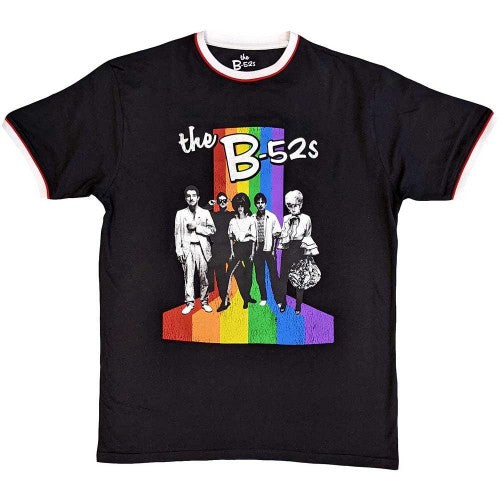 Front - The B-52´s Unisex Adult Ringer Rainbow Striped T-Shirt