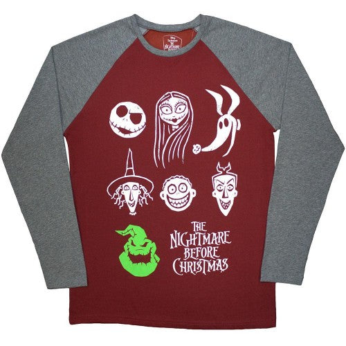 Front - The Nightmare Before Christmas Unisex Adult Faces Raglan Long-Sleeved T-Shirt