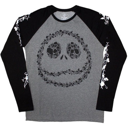 Front - The Nightmare Before Christmas Unisex Adult Jack Skellington Floral Logo Raglan T-Shirt