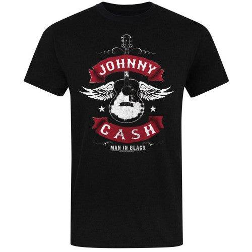 Front - Johnny Cash Unisex Adult Man In Black Winged Guitar T-Shirt