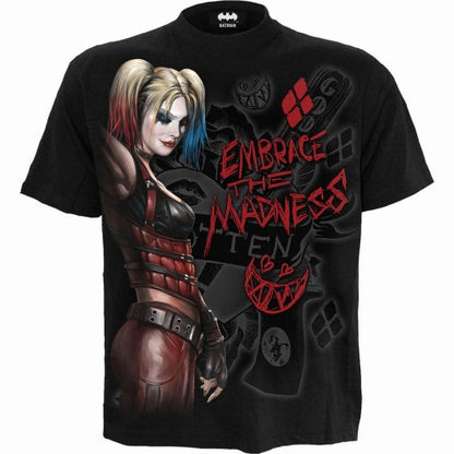 Front - Spiral Direct Unisex Adult Embrace Madness Harley Quinn Batman T-Shirt