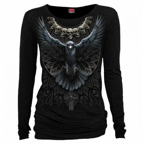 Front - Spiral Direct Womens/Ladies Raven Skull Long-Sleeved T-Shirt