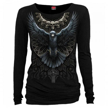 Front - Spiral Direct Womens/Ladies Raven Skull Long-Sleeved T-Shirt