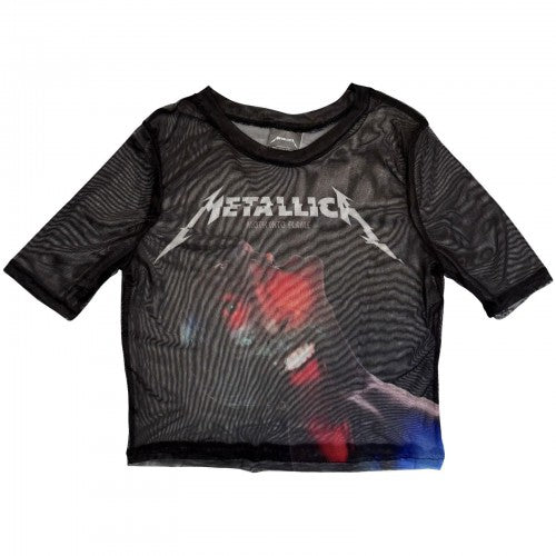 Front - Metallica Womens/Ladies Moth Into Flame Mesh Crop Top