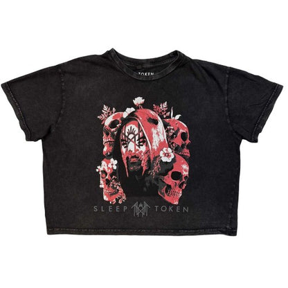 Front - Sleep Token Womens/Ladies Skull & Flowers Stone Wash Crop Top
