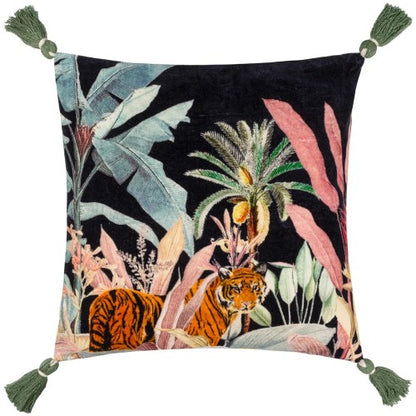 Front - Wylder Midnight Jungle Velvet Tassel Cushion Cover