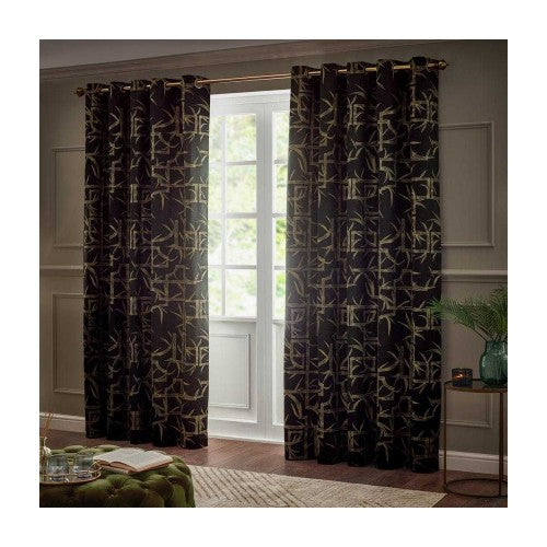 Front - Paoletti Jacquard Bamboo Print Eyelet Curtains