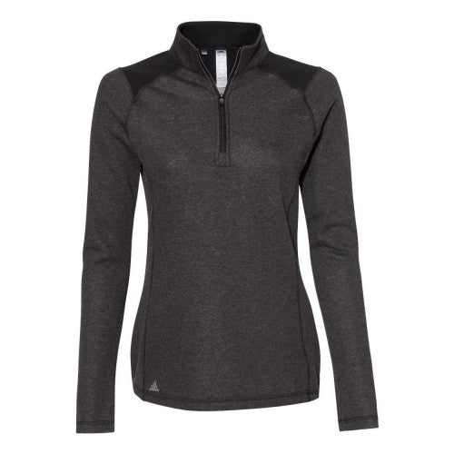 Front - Adidas Women's Heathered Quarter-Zip Pullover with Colorblocked Shoulders
