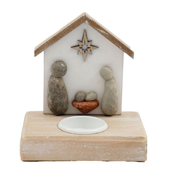 Beige-White - Front - Something Different Pebble Nativity Scene Tealight Holder