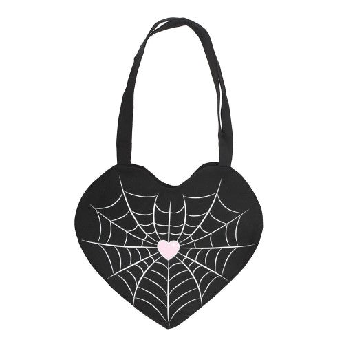 Front - Something Different Spiderweb Heart Satin Tote Bag