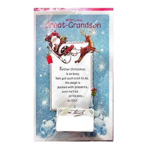 Blue-White-Red - Front - Simon Elvin With Love Great G Son Flying Santa Christmas Card (Pack of 6)