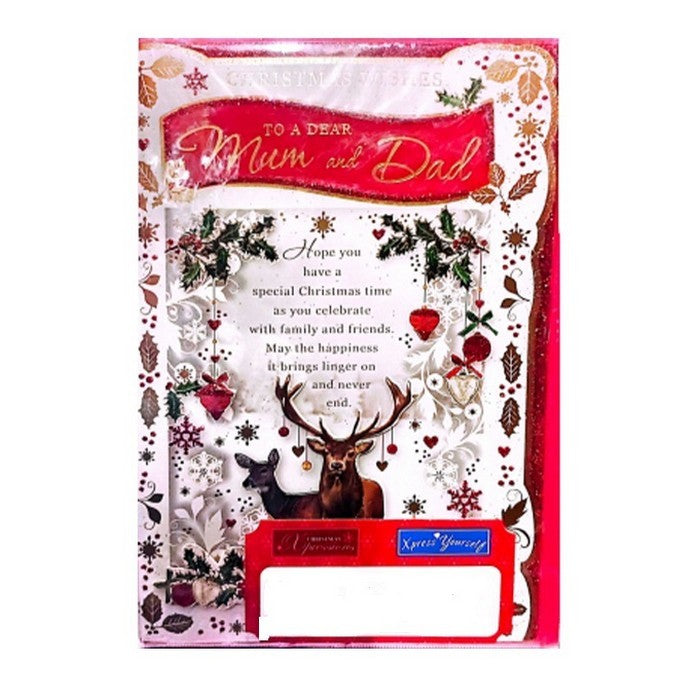 Front - Simon Elvin To A Dear Mum And Dad Reindeer Christmas Card (Pack of 6)