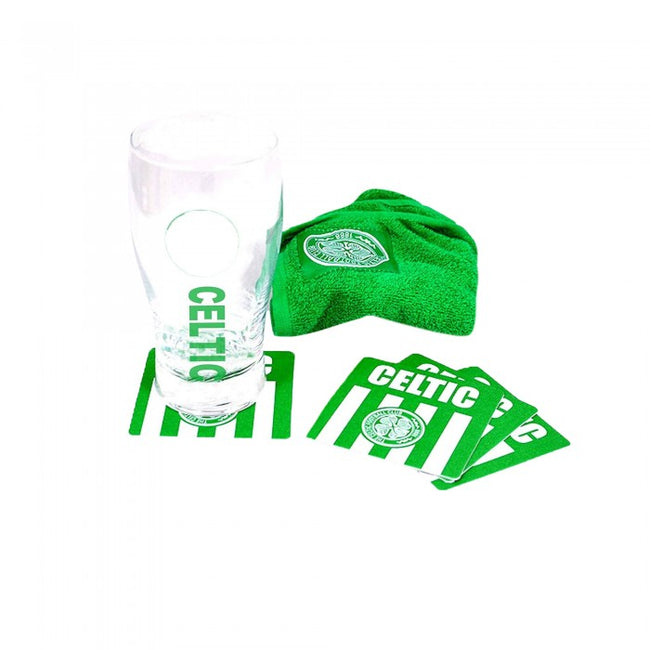 Front - Celtic FC Official Wordmark Mini Football Bar Set (Pint Glass, Towel & Beer Mats)