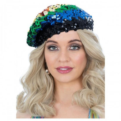 Front - Smiffys Unisex Adult Rainbow Sequin Costume Beret
