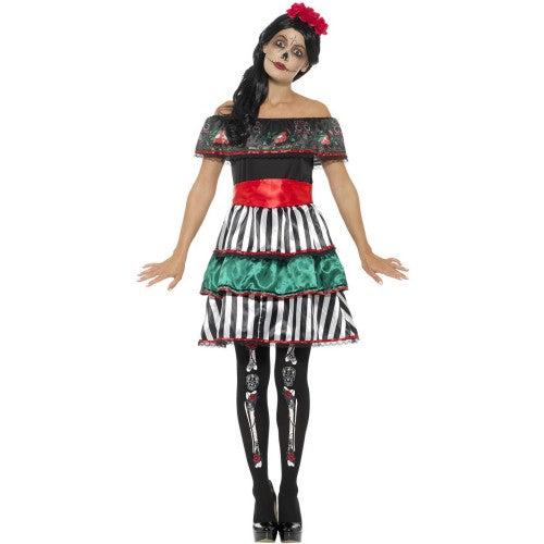 Front - Smiffys Womens/Ladies Senorita Doll Day Of The Dead Costume Dress Set