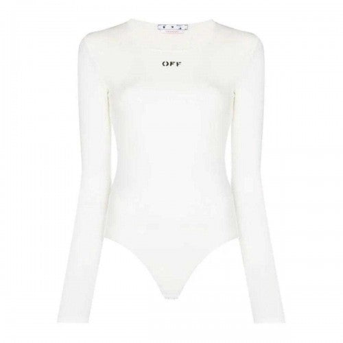Front - Off White Womens/Ladies Logo Ribbed Long-Sleeved Bodysuit