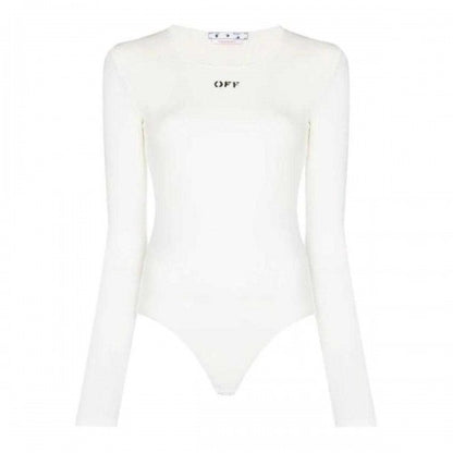 Front - Off White Womens/Ladies Logo Ribbed Long-Sleeved Bodysuit