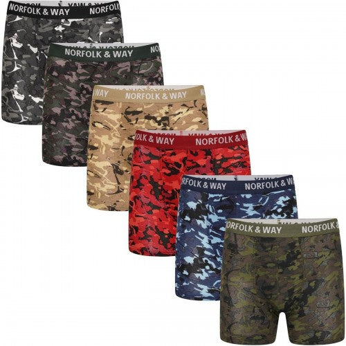 Front - Norfolk & Way Mens Camouflage Cotton Blend Boxer Shorts (Pack of 6)