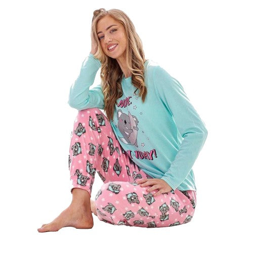 Front - Keanu Womens/Ladies Not Today Koala Microfleece Long Pyjama Set