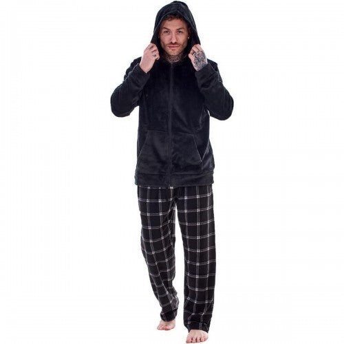 Front - Keanu Mens Checked Zipped Long Pyjama Set