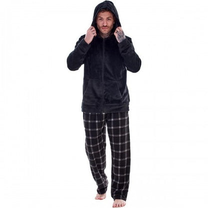 Front - Keanu Mens Checked Zipped Long Pyjama Set