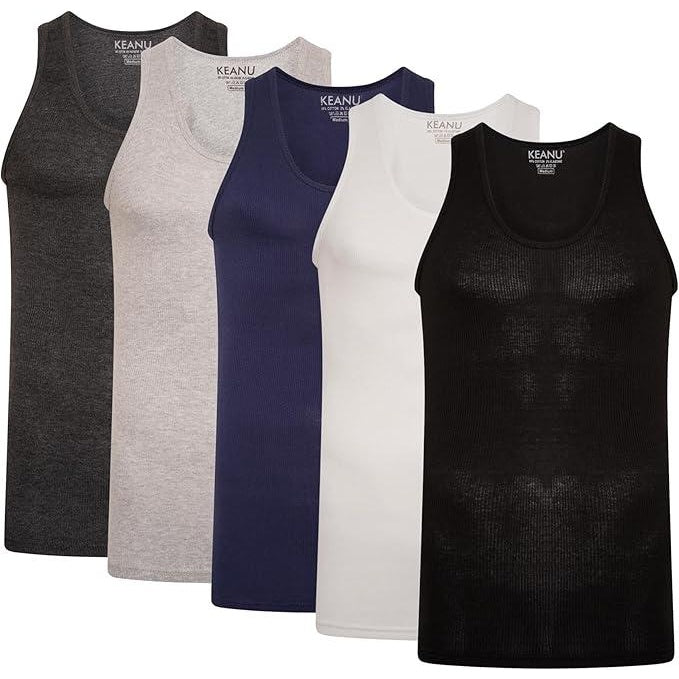 Black-Grey-White-Navy - Front - Keanu Mens Ribbed Cotton Blend Fitted Vest Top (Pack of 6)