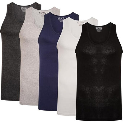 Black-Grey-White-Navy - Front - Keanu Mens Ribbed Cotton Blend Fitted Vest Top (Pack of 6)