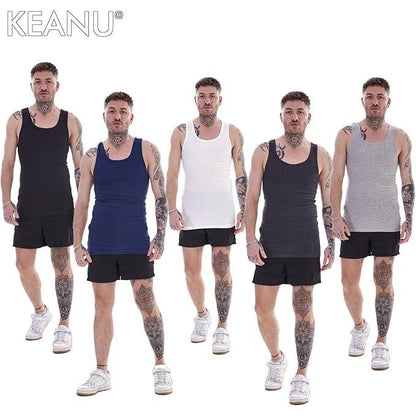 Black-Grey-White-Navy - Back - Keanu Mens Ribbed Cotton Blend Fitted Vest Top (Pack of 6)
