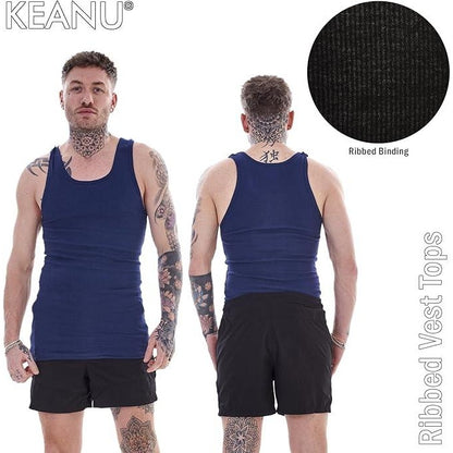 Black-Grey-White-Navy - Side - Keanu Mens Ribbed Cotton Blend Fitted Vest Top (Pack of 6)