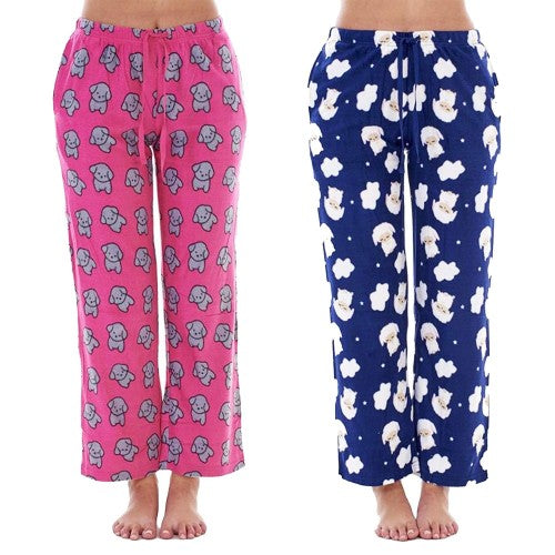 Front - Keanu Womens/Ladies Fleece Lamb & Puppy Lounge Pants (Pack of 2)