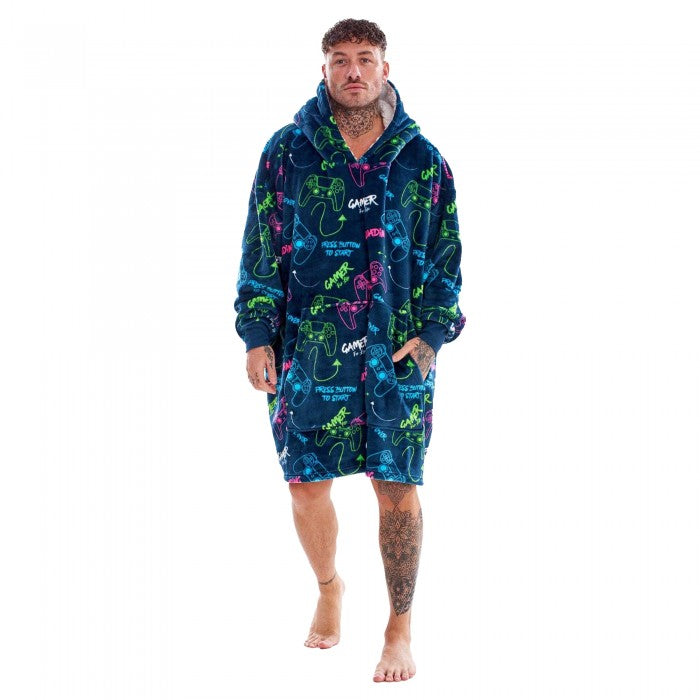 Front - Gamer Mens Neon Fleece Oversized Hoodie Blanket