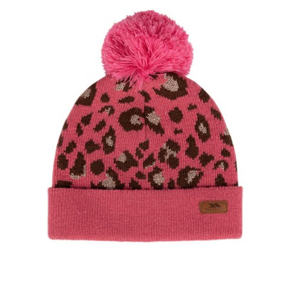 Front - Trespass Girls Kaylani Leopard Print Knitted Beanie
