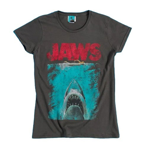 Front - Jaws Womens/Ladies Movie Poster Distressed Fitted T-Shirt