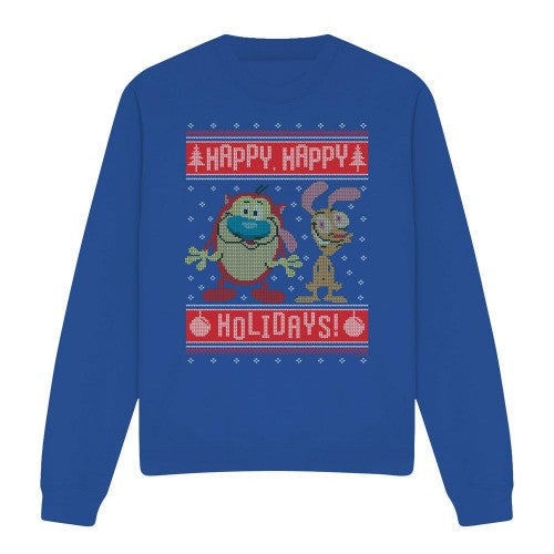 Front - Ren & Stimpy Unisex Adult Happy, Happy Holidays Christmas Jumper Sweatshirt