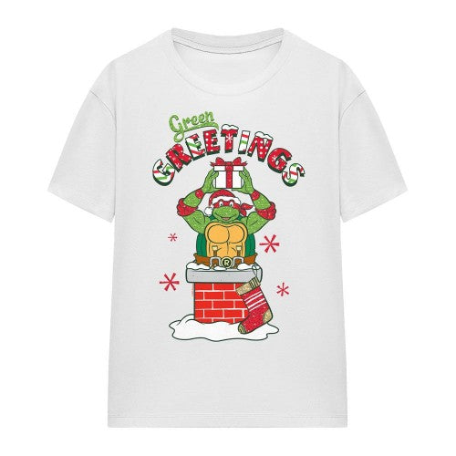 Front - Teenage Mutant Ninja Turtles Unisex Adult Green Greetings Christmas Scene T-Shirt