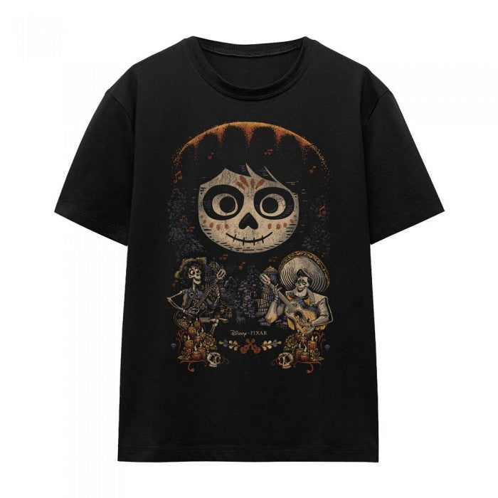 Front - Coco Unisex Adult Ernesto Miguel Hector Painted Poster With Skull T-Shirt