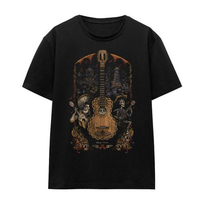 Front - Coco Unisex Adult Ernesto Miguel Hector Painted Poster With Guitar T-Shirt