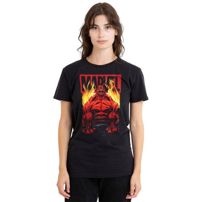 Front - Marvel Unisex Adult Red Hulk Fire T-Shirt