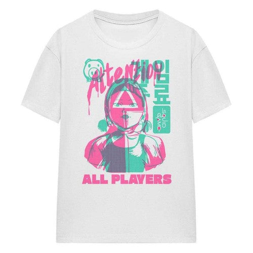 Front - Squid Game Womens/Ladies Attention All Players T-Shirt